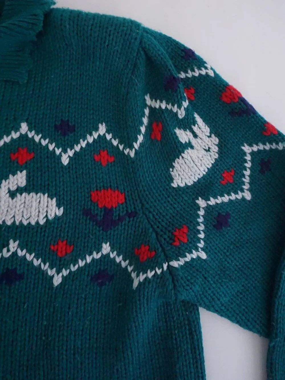 Vintage Bryn Connelly Green Bunny 15% Wool Fair Isle Knit Collared Sweater L - Picture 8 of 10